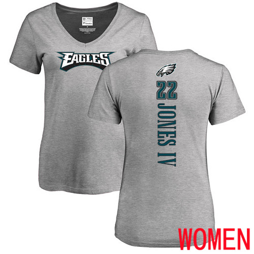 Women Philadelphia Eagles #22 Sidney Jones Ash Backer V-Neck NFL T Shirt